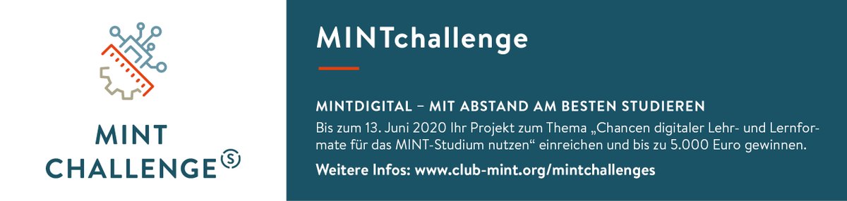 _ClubMINT's tweet photo. Mit „#MINTdigital – Mit Abstand am besten studieren“ startet zweite #MINTchallenge. Ihr habt Lösungen, um die aktuelle Herausforderung der kurzfristigen und raschen Verlagerung der Lehre in den digitalen Raum zu meistern? Dann bewerbt euch bis zum 13.6 👉https://t.co/XHmphCNjbf https://t.co/ltTZY7avX5