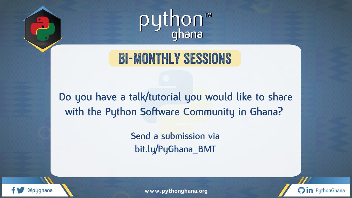 PyGhana's tweet image. Are you interested in hosting a session with us? 
We are accepting talks/tutorials! 

Kindly submit a talk/tutorial for review via this form.
bit.ly/PyGhana_BMT

Submissions can range from technical materials to general experiences or best practices.

#PythonGhana #Python