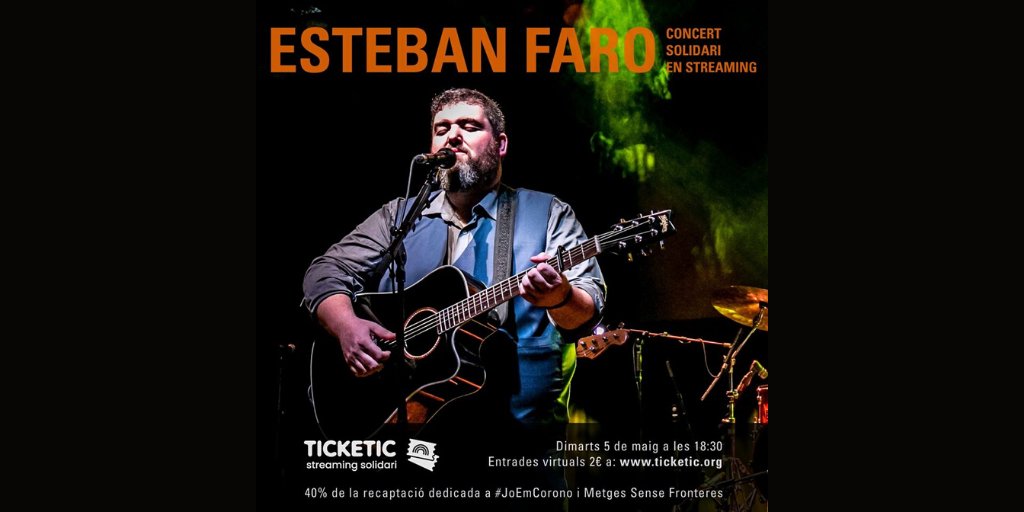 DIMARTS 5 DE MAIG-18:30h-ESTEBAN FARO ALS #STREAMINGSSOLIDARIS DE TICKETIC🎟️ 
<a href="/EstebanFaro/">Esteban Faro</a> ens presentarà un recopilatori de cançons dels seus tres treballs en solitari i algunes composicions noves en un concert únic i especial des de casa seva.🎤#FonsCooperatiuESS #esperanzah