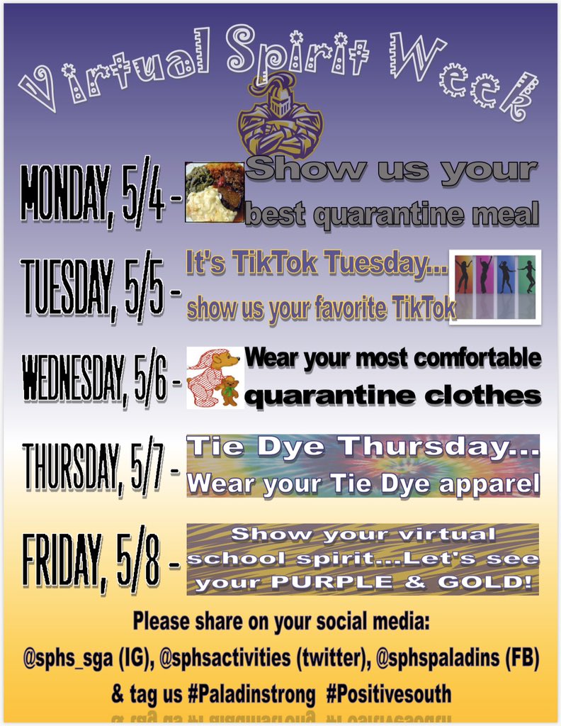 sphsactivities's tweet photo. SPHS Paladins... we are kicking of another #virtualspiritweek letβs see you best quarantine meal today! #PaladinSTRONG #PositiveSOUTH #weareinthistogether πππͺπ» https://t.co/YlZkdjMZVx