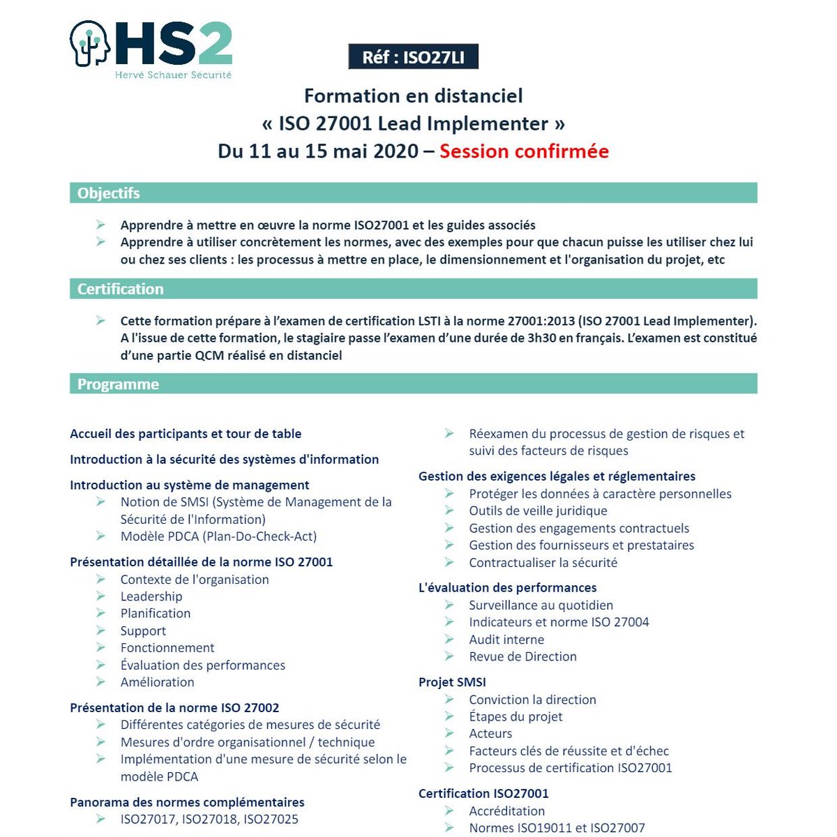 HS2formation's tweet photo. Prochaine session @HS2formation  ISO27001 Lead Implementer avec examen #LSTI en distanciel : Du11 au 15/05/2020. 

Contact :📞 09 74 77 43 90 /  📩 Formation@hs2.fr

#cybersécurité #JeResteChezMoi #Covid19 #formpro #SMSI 
#PDCA #ISO27001 https://t.co/5I0Wba4Ldt