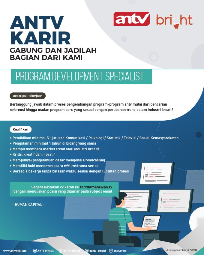 pesbukersdiANTV's tweet photo. Yuk yang mau berkarir dan bergabung dengan team keren ANTV mimin ada info nih. Silakan cek digambar ya.
#antv #career #programdevelopment #programdevelopmentspecialist #creative #creativeprogram #progamming #humancapital #antvlife #kerjakeren #bright #brightantv https://t.co/Paqafh3GtS