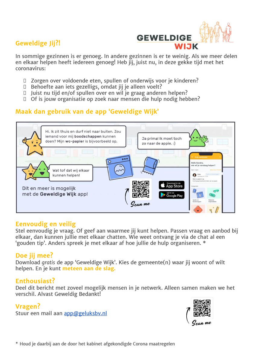 Heb jij de Geweldige Wijk app al, die #coronahulp in heel Nederland makkelijker maakt? Bekijk de flyer, download de app en deel dit bericht in al je netwerken! #Alleensamen maken we het verschil #geweldigewijk #hulpvragen #hulpgeven