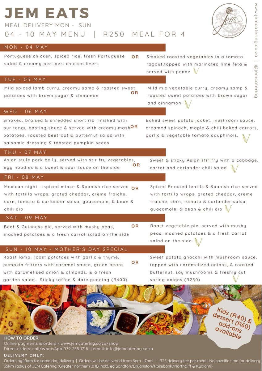 We took a twitter break, but we're back.

We have introduced JEM Eats, wholesome, fresh meals for delivery to JHB Northern Suburbs, Kyalami &amp; Westrand.
Check out our menu below, new menus weekly.

Online orders: jemcatering.co.za/shop
WhatsApp orders: 0792551718 (subscribe)