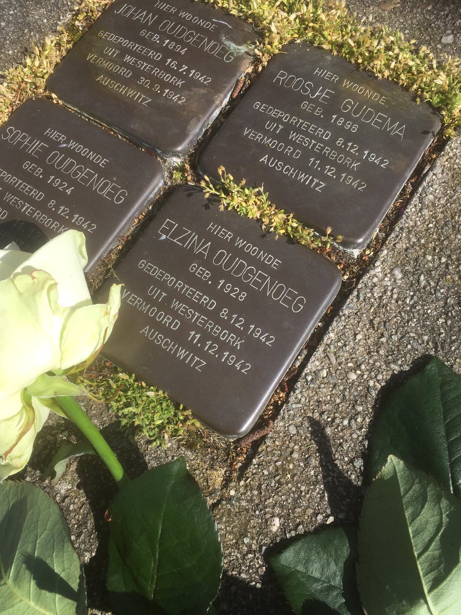 EllyDragstra's tweet photo. 4 mei, witte roos neergelegd bij stolpersteine van Elzina Oudgenoeg, daarna bij Joodse schooltje en bij monument in Leek @GemWkwartier https://t.co/QtteSi9qAE
