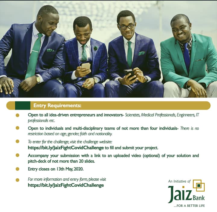 ISH_Media's tweet photo. #maskuplagos
Enter into the Jaiz Bank #COVIDー19 innovation challenge and get rewarded to bring your solutions to life. 

https://t.co/Rmvi0cYkNE https://t.co/YOnOCQnulw
