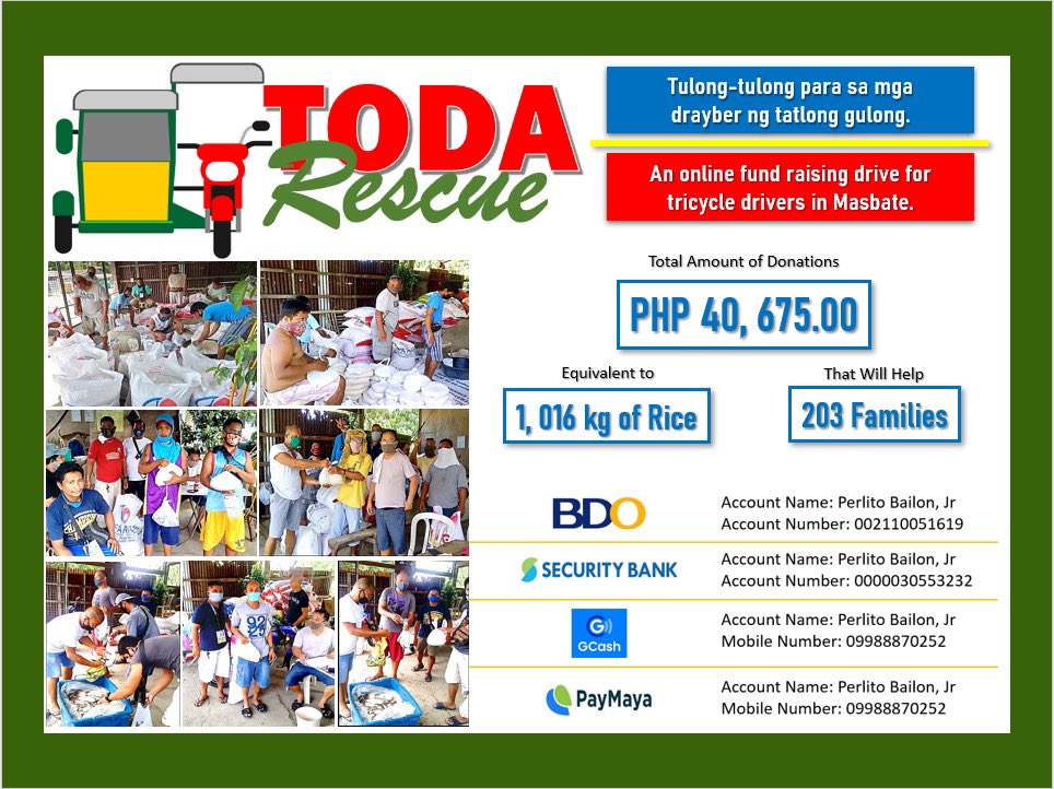 pjbailon's tweet photo. Mula po sa ating mga pinagsama-samang donasyon ay nakalikom po tayo ng mahigit Php 40, 675.00 na katumbas ay 1, 016 kg ng bigas at nakatulong sa halos 203 tricycle drivers sa Masbate.
Muli po, ang taos puso naming pasasalamat!
Dios Mabalos po sa indo gabos! ❤️
#TODARescue https://t.co/jsDsklkV0w