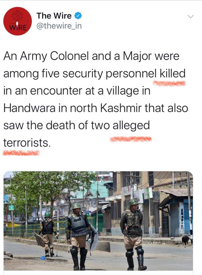 ___blatherskite's tweet photo. Why not BOOK THEM TOO? 
a week ago they were crying for Kashmiri journalists image and now they aren't even respecting the lives of the martyred. Shame!
No rage for booking them? Ye sab chalta hai? @thewire_in 

#stopbiasedreporting #respectthemartyred #Shame #TheWire https://t.co/Ovr8oa1FhI