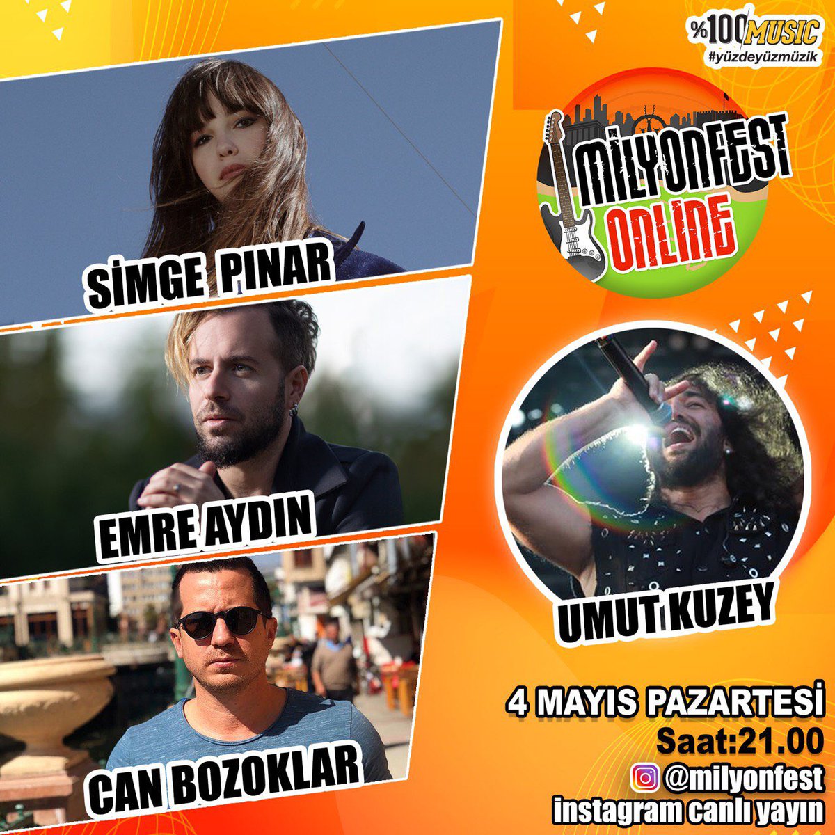 Milyonfest ONLINE’da #BuAkşam!⚡️<a href="/umutkuzey/">Umut Kuzey</a>’e canlı yayında <a href="/simgepinar/">Simge Pınar</a>, <a href="/emreaydin/">emre aydın</a> ve <a href="/CanBozoklar/">CanBozoklar</a> konuk olacak. ⏰21:00’da görüşmek üzere!

Kimler bizimle? 🤚🏻MİLYONFEST ONLINE mıyız?

#evdekal  #güzelgünleriçin #milyonfest #tertemizfestival #yüzdeyüzmüzik