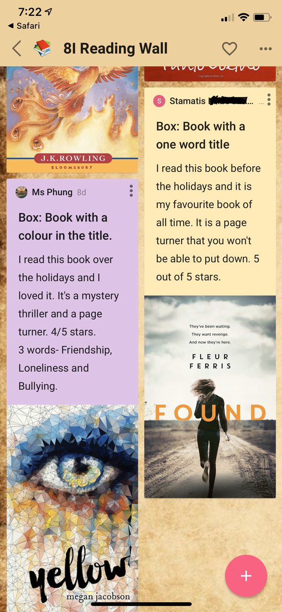 ReinaPhung's tweet photo. Students sharing what they’ve been reading via Padlet. Look what came up @FleurFerris &amp; it’s from a boy too!🤗 #onlinereadinglesson https://t.co/mVshp6Qbpq