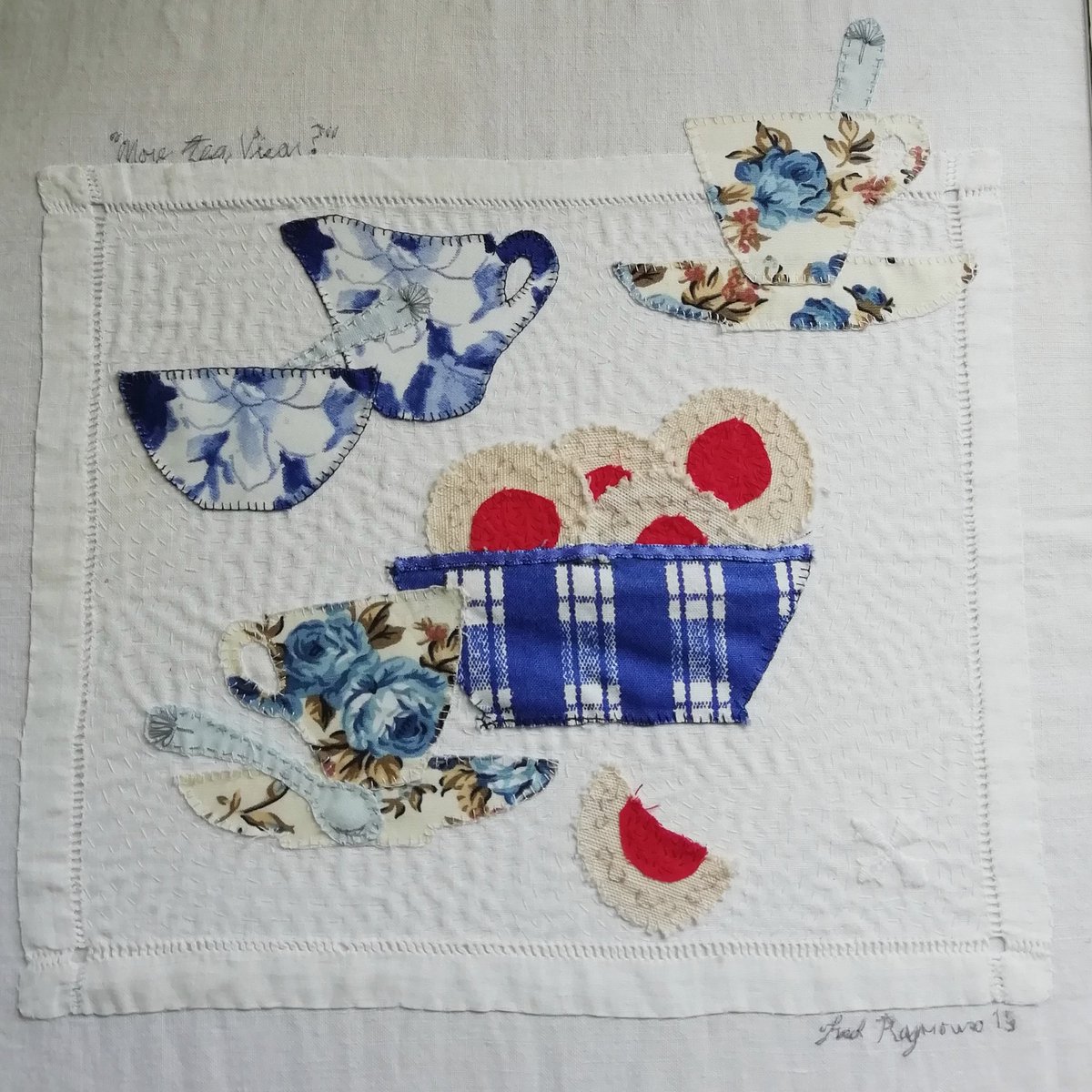 redmond_fi's tweet photo. More Tea, Vicar?
Fabric collage, 12"x12", stretched and unframed.
£120.00 plus p&amp;p

#artistssupportpledge #textileart #fabriccollage #artinwiltshire #tea #teaset #teatime #teacup #moreteavicar #jammydodgers #jam #biscuit #teatimetreat https://t.co/wDMjJjipPL