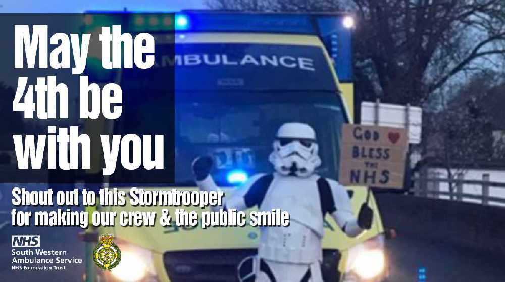HitsBristolNews's tweet photo. NEWS: @swasFT have posted "a huge shout out to this Stormtrooper for making our crew &amp; the public smile!" #StarWarsDay #MayThe4thBeWithYou https://t.co/0C6uyuhecb