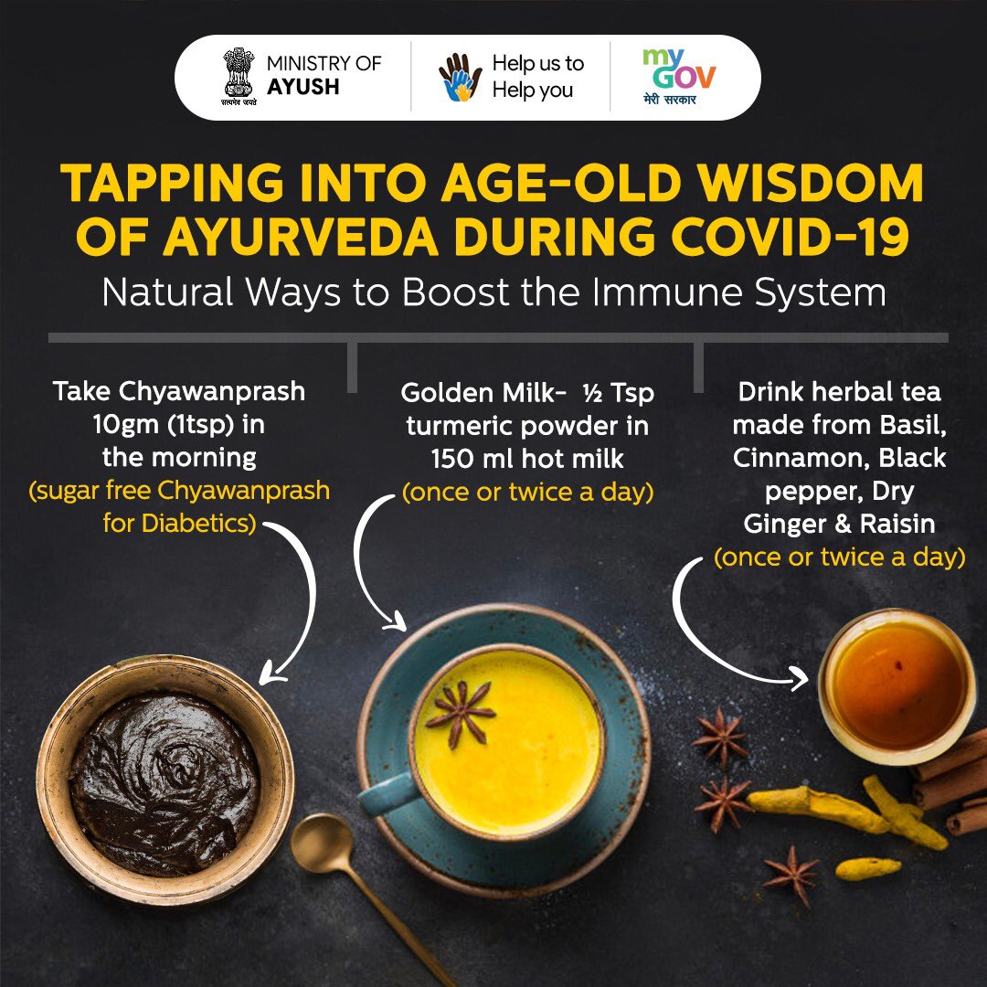 stpiindia's tweet image. The age-old wisdom of #Ayurveda is the true treasure for mankind. Check out these natural immune boosting Ayurvedic remedies such as Chayanprash, golden milk and herbal tea. #COVID19 #IndiaFightsCorona #STPIINDIA @RSPrasad @GoI_MeitY @MoHFW_INDIA @mygovindia @PMOIndia @moayush