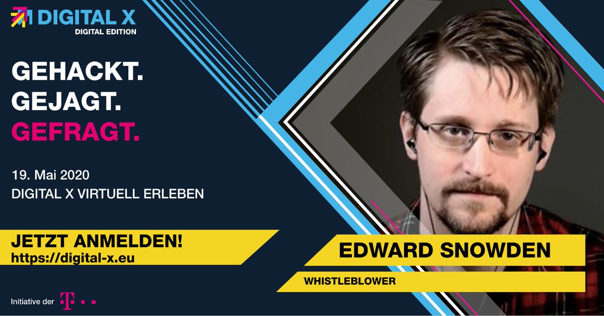 Am 19. Mai laden wir zu unserer Digital X #DigitalEdition ein. Das erste mal wird unsere Initiative für den deutschen #Mittelstand rein virtuell stattfinden. Zum Start ein richtiges Highlight: Edward Snowden im Interview mit Judith Rakers. Seien Sie dabei: digital-x.eu/digital-editio…