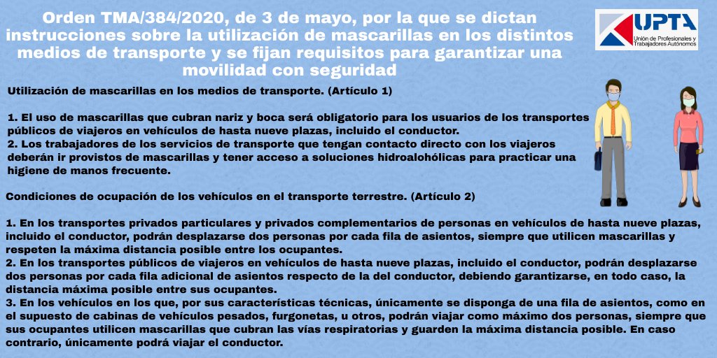 upta_es's tweet photo. @upta_es💡📄ℹ  ATENCIÓN AUTÓNOMOS Instrucciones sobre el uso de las mascarillas, con carácter obligatorio, en medios de transporte y otras nuevas medidas para garantizar la movilidad con seguridad 👇 @EDUARDOABADSABA https://t.co/1cgVZVNecT