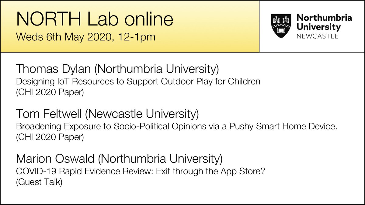 johnrooksby's tweet photo. The @NORTHLabHCI online seminar this week (Weds 6th May, 12-1 UK) will feature #chi2020 talks by @tfeltwell and @shapingstuff plus a guest talk on the coronavirus crisis by @Marion_InfoLaw - Everyone welcome, invite here: https://t.co/3f7BdMqI1f https://t.co/fkFUtPnqE7