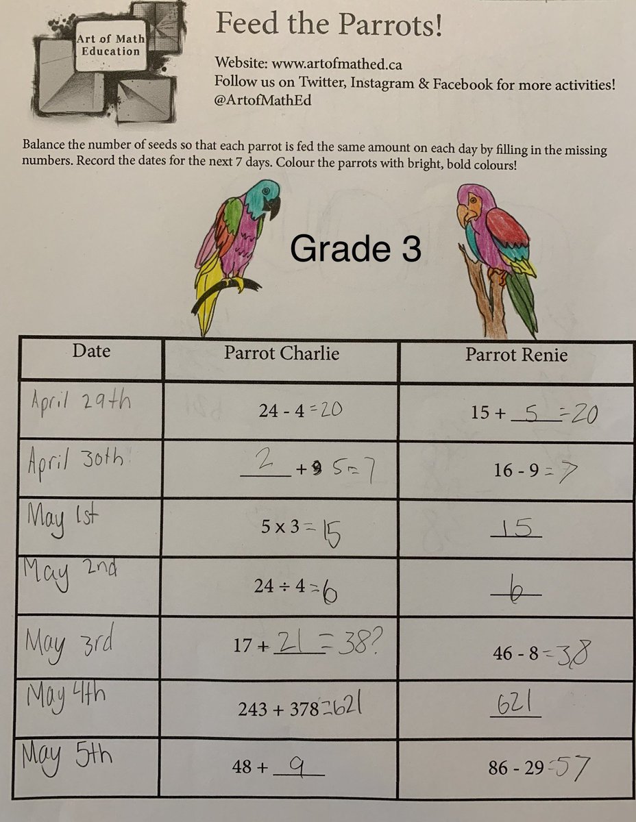 ArtOfMathEd's tweet photo. Pirate Day 5: Colour the parrots with BRIGHT BOLD colours! Make sure both get fed the same amount each day by balancing the number of seeds. #colour #art #math #ArtofMathEd #ArtofMathEdPirate https://t.co/fejBE5qjy4