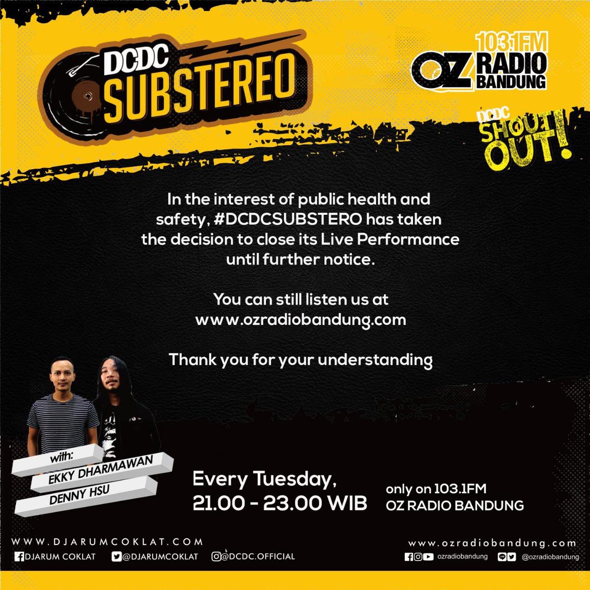 DCDCofficial's tweet photo. DCDC SUBSTEREO! Ngobrol asik bareng host @denny_hsu  @mvstekky malam ini jam 21.00-23.00 WIB. Jangan lupa untuk stay tune di @ozradiobandung 103.1 FM!
.
#DCDCSubstereo
#DCDCShoutOut
#DjarumCoklatDotCom
#dcdc https://t.co/lS4Pu7e5Do