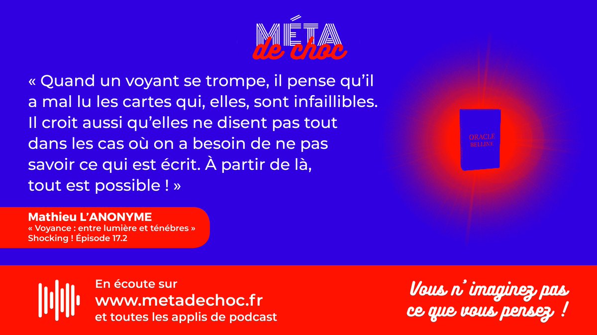 ChocMeta's tweet image. Un ex-#voyant nous dit tout de la #cartomancie et de la relation qu'entretient le croyant avec son #tarot / #Oracle et avec ses tirages. Plongée dans une #croyance étonnante !
#tarotcards #podcast #déconversion #décroyance #métacognition #zététique #podcasts