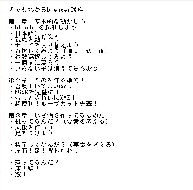 しーわん 犬でもわかるblender講座 第一巻 目次 どこまで続くかわからないけど