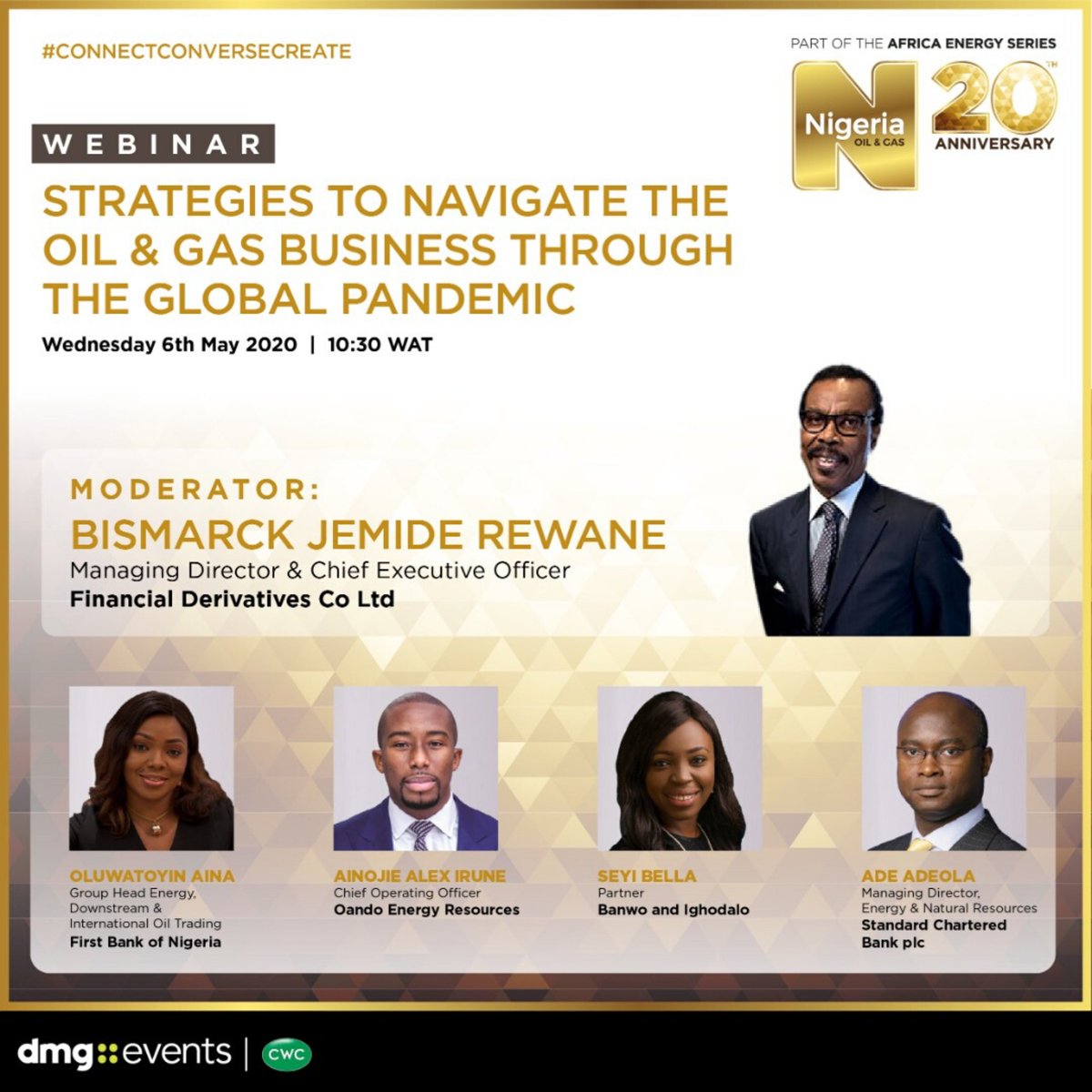 Oando_PLC's tweet photo. Join the #AfricaEnergySeries Webinar at 10:30(WAT) on Wednesday 6 May 2020 as @airune, COO, OER sheds more light on “Strategies to Navigate the Oil &amp; Gas Business Through the Global Pandemic.”

Register here: https://t.co/fESdgTxaLH

#OandoAtNOG
#ConnectConverseCreate
#NOG2020 https://t.co/IG8C77XQ09