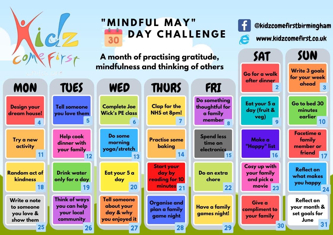 KidzCome1stBrum's tweet photo. Can you believe it’s May! We would love to encourage you and the children to get involved in our Mindful May Daily Challenge!  #mmdc This is a wonderful opportunity for us all to practice gratitude,mindfulness and thinking of others. #parenting #Mindfulness #COVIDー19 #education https://t.co/pasIgAuKhH