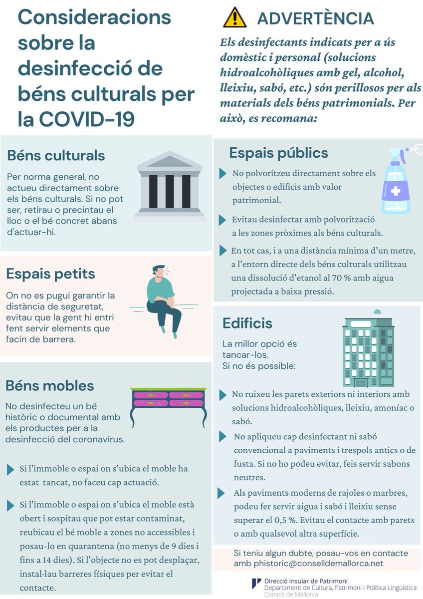 ⚠️ATENCIÓ  
Les substàncies indicades per a la desinfecció del #coronavirus poden fer malbé els elements patrimonials.

#Patrimoni del <a href="/ConselldeMca/">Consell de Mallorca</a> elabora un document amb recomanacions per a la desinfecció i conservació de béns culturals.

Informa't 👉bit.ly/PautesDesinfec…