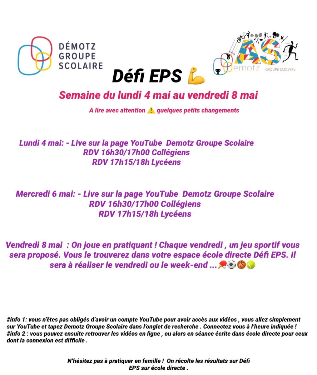 DemotzGS's tweet photo. Bonjour à tous!
Nous vous espérons en forme pour cette reprise. Le défi EPS continue, avec quelques changements dont vous pouvez prendre connaissance.
A très vite!
L’équipe EPS https://t.co/BzemBMhyef