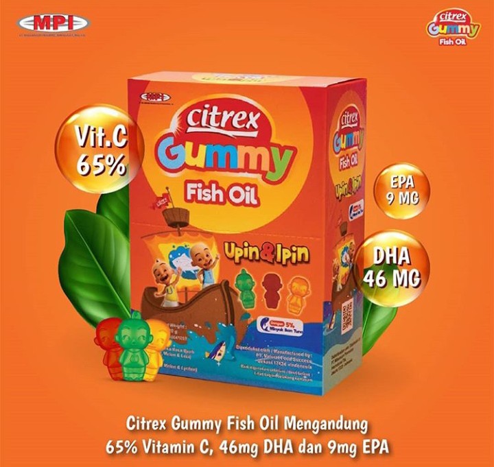 Halo Bunda.
Ada yang baru nih dari CITREX UPIN IPIN yaitu  Citrex Gummy Fish Oil, Gummy yang enak dan unik dengan kandungan DHA &amp; EPA + Vitamin C yang berfungsi untuk membantu kecerdasan dan konsentrasi dalam perkembangan otak selama pertumbuhan...
yukkk Bunda Cobaa..

#citrex