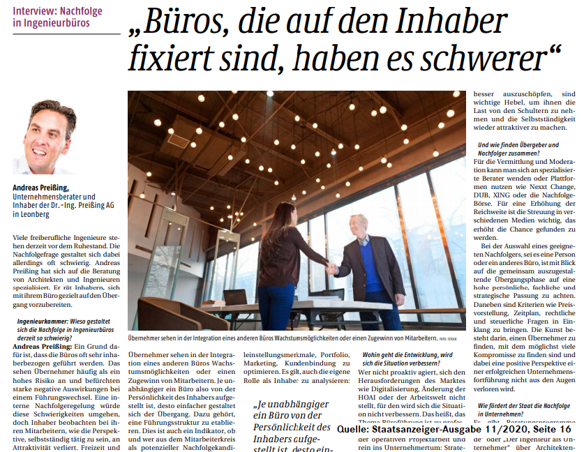 preissing_ag's tweet photo. Wer sein Büro durch Höhen und Tiefen geführt hat, auf den kommt irgendwann auch die Aufgabe der eigenen Nachfolgeregelung zu. Lesen Sie im @Staatsanzeiger über Probleme+Lösungswege bei der #Unternehmensnachfolge. 
https://t.co/teYA6L9xI9
#Architekturbüro #Ingenieurbüro #preissing https://t.co/WgxY4q0FKD