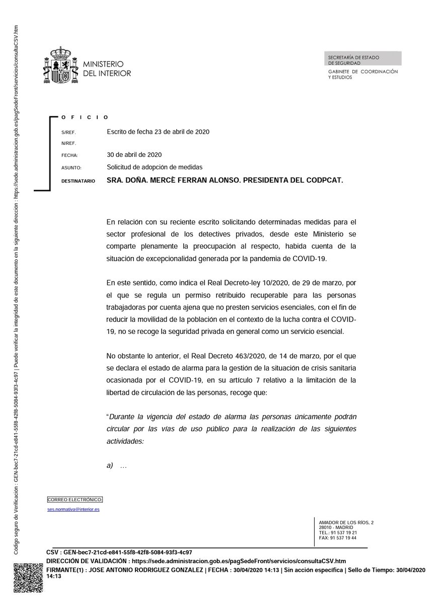 SrDanigmas's tweet photo. News | Private Investigators can exercise and carry out their activity in public spaces without any restriction, except for sanitary ones. Thanks @APDPE @codpcat @colegio_cv #CODEGA #Detectives In Action #Superdetectives 🤩 https://t.co/U7P0hyre4o