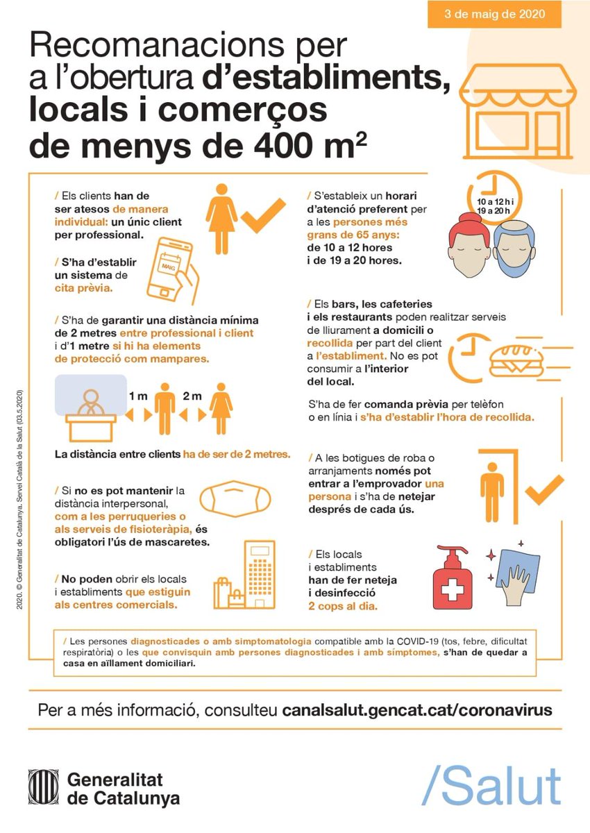 PLTona's tweet photo. [Covid-19]

Recomanacions per a l’obertura d’establiments, locals i comerços de menys de 400 m2. https://t.co/kDuC11D6MH