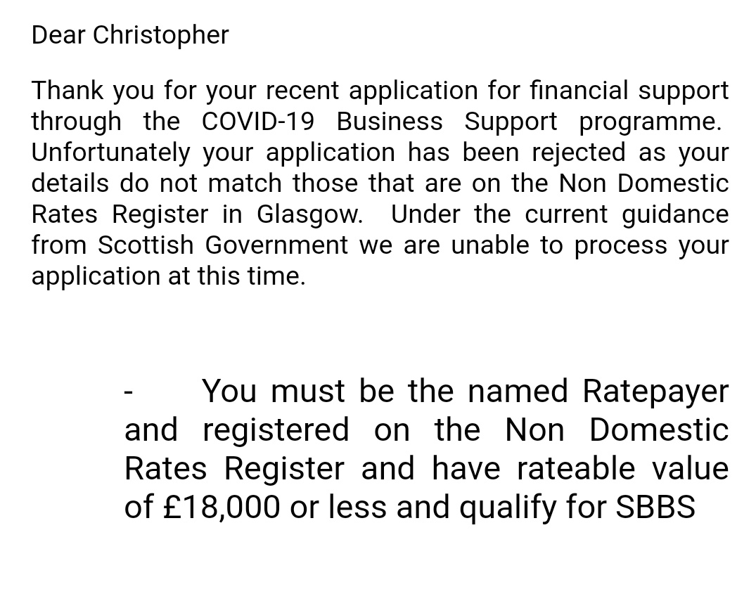 ChrisMcevoy93's tweet photo. @GlasgowCC refused covid grant because my details don't match NDR register despite having rates bills issued? Have sent this information over today but really need this sorted ASAP! Have rent I can't afford on Friday! https://t.co/id4KXxKd9Z
