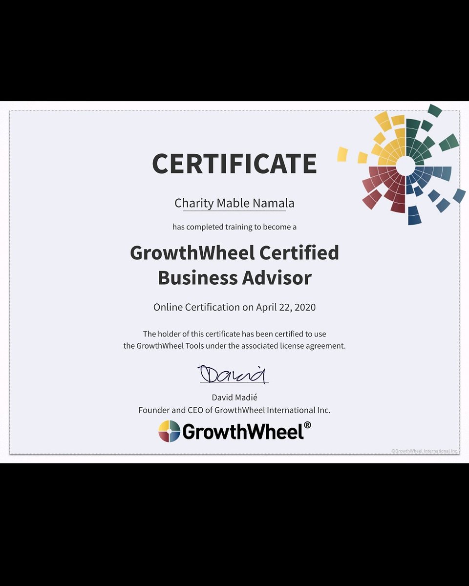 Am humbled to join the Growth Wheel Certified Business Advisors... <a href="/invest2impact/">Invest2Impact Africa</a> <a href="/GrowthWheel/">GrowthWheel</a> <a href="/OPIC2X/">OPIC 2X Women's Initiative</a> <a href="/unwomenuganda/">UN Women Uganda</a> <a href="/Awan_Afrika/">Afrika Women Agribusiness Network - Afrika</a> <a href="/UWEAL_Ug/">Uganda Women Entrepreneurs Association</a>