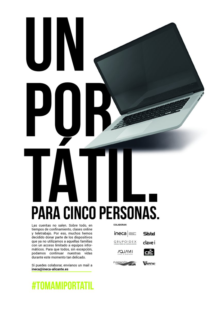 InstitutoINECA's tweet photo. #tomamiportatil #tomamitablet
Abrimos fila 0 para nuestra campaña de recogida de portátiles y tablets para estudiantes de la provincia de #Alicante con menos recursos.
Si no tienes terminales, pero quieres colaborar con nosotros escríbe a ineca@ineca-alicante.es y te diremos cómo https://t.co/AbebNveEOs
