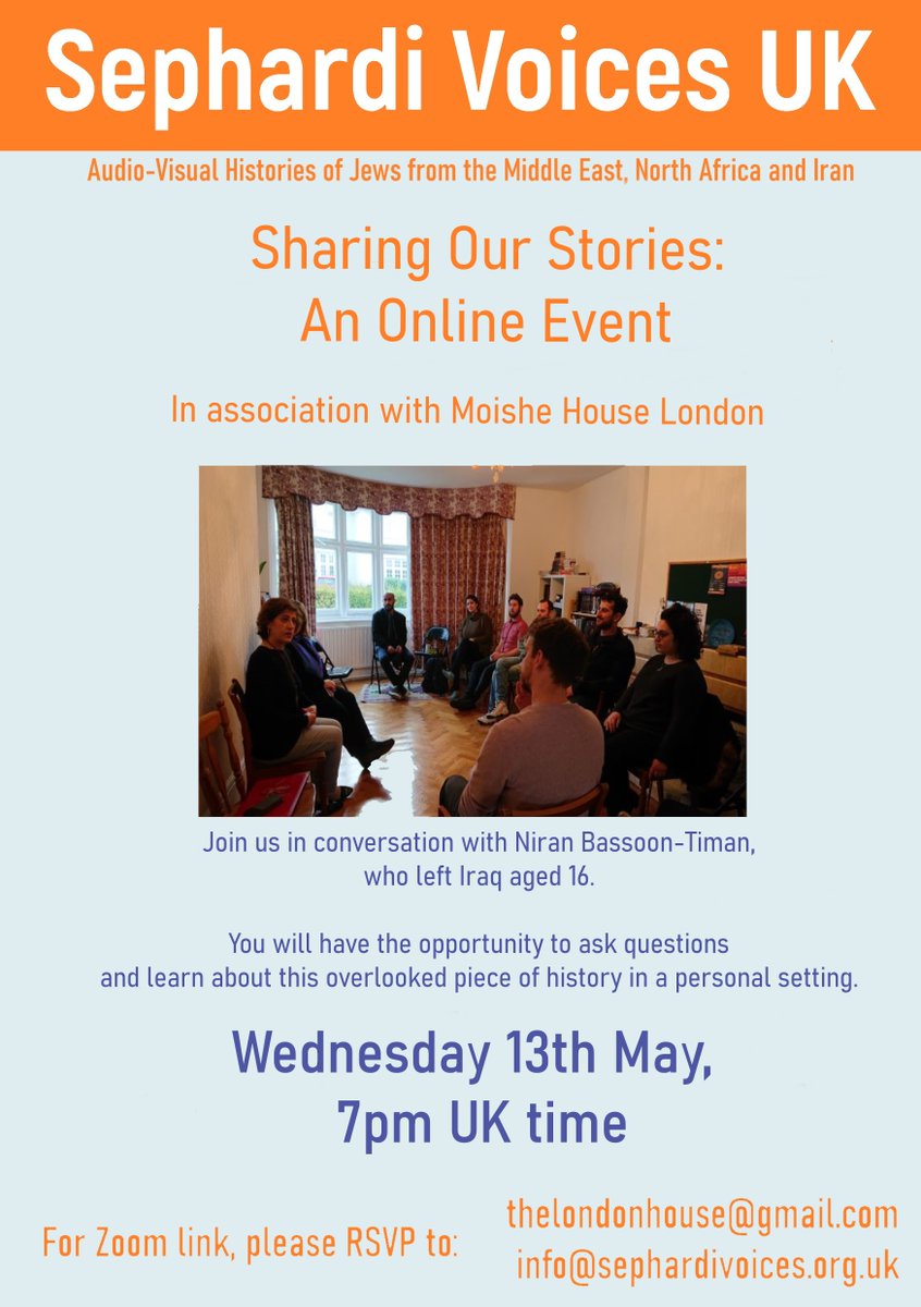 Sephardi Voices UK (@sephardivoices) on Twitter photo Missing #Limmudonline already?
Join us at our Sharing Our Story event! 13th May, 7pm UK time.
We'll be in digital conversation with Niran Bassoon-Timan, and host an extensive Q&A!
<a href="/limmud/">Limmud</a> <a href="/MoHoLondon/">Moishe House London</a>
<a href="/MoisheHouse/">Moishe House</a> @UJS <a href="/UJS_Hillel/">UJS Hillel</a>
#sharingourstory #oralhistory #iraq #jewish Missing #Limmudonline already?
Join us at our Sharing Our Story event! 13th May, 7pm UK time.
We'll be in digital conversation with Niran Bassoon-Timan, and host an extensive Q&A!
<a href="/limmud/">Limmud</a> <a href="/MoHoLondon/">Moishe House London</a>
<a href="/MoisheHouse/">Moishe House</a> @UJS <a href="/UJS_Hillel/">UJS Hillel</a>
#sharingourstory #oralhistory #iraq #jewish