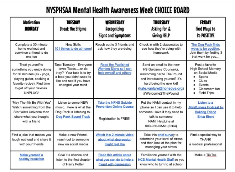 BulldogAthleticDept (@honeoyesports) on Twitter photo NYSPHSAA Mental Health Awareness Week-The Dog Pack has created a Choice Board to bring awareness about this important topic to MS/HS students at HCS. Earn some Bulldog Gear AND get involved with #BreakingTheStigma surrounding Mental Health
bit.ly/DPChoiceBoard
<a href="/SecVAthletics/">Section V Athletics</a> NYSPHSAA Mental Health Awareness Week-The Dog Pack has created a Choice Board to bring awareness about this important topic to MS/HS students at HCS. Earn some Bulldog Gear AND get involved with #BreakingTheStigma surrounding Mental Health
bit.ly/DPChoiceBoard
<a href="/SecVAthletics/">Section V Athletics</a>