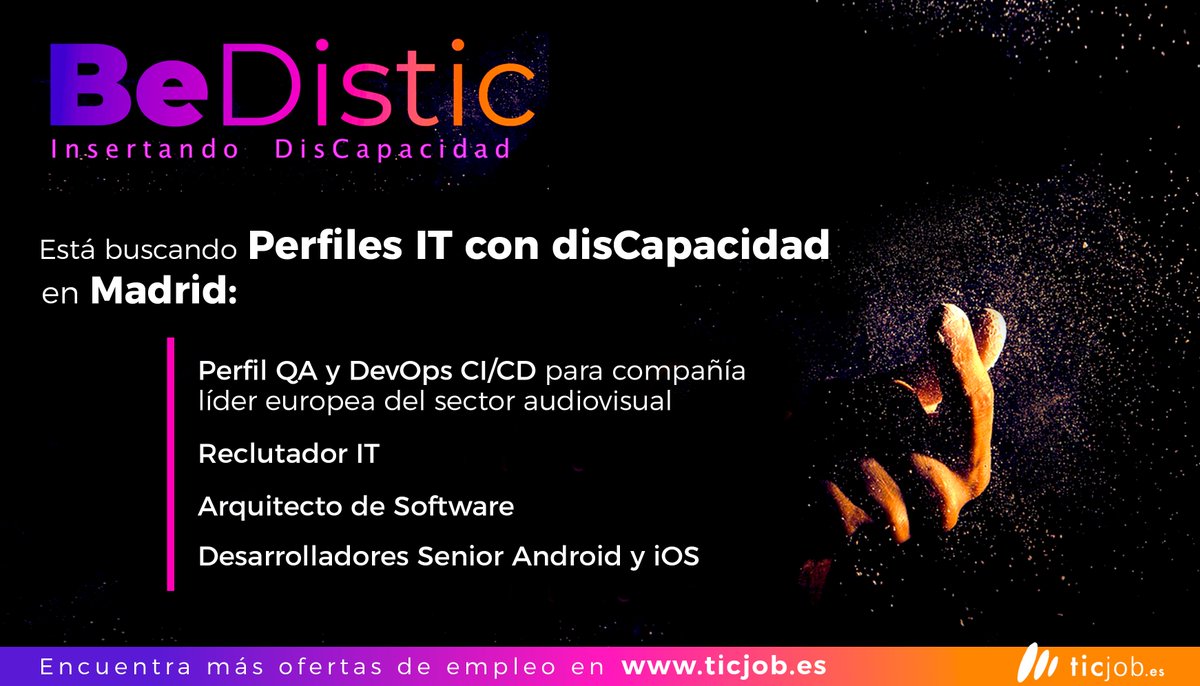 ticjob's tweet photo. @BeDistic_  selecciona perfiles #it con #discapacidad: 

👉 Perfil #QA y DevOps CI/CD para compañía líder del sector audiovisual
👉 Reclutador #IT
👉 Desarrolladores iOs y #android

¡Inscríbete! 🙌🏻

#empleoticjob #inclusion #trabajoit

https://t.co/0pKR1wan6u https://t.co/VCz8S55Iki