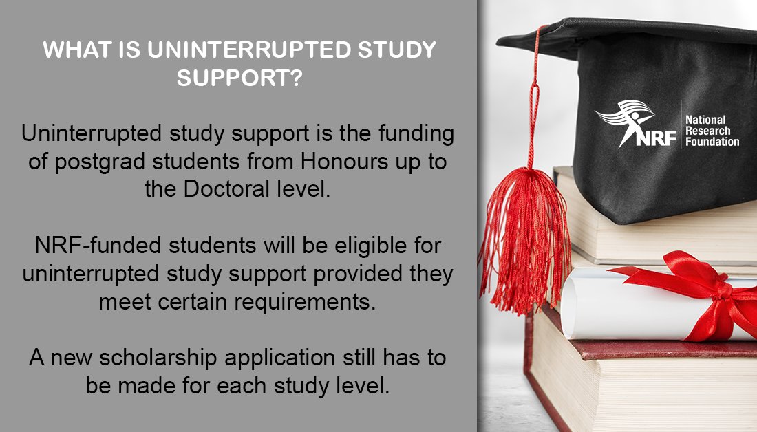 NRF_News's tweet photo. Did you know? NRF-funded students, starting at Honours level, will be eligible for uninterrupted study support through to Doctoral level. The requirements for this can be found here: https://t.co/qIUwutBI6C #NRFfunding2021 https://t.co/ZzNJjyDNb2