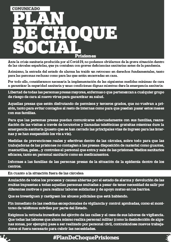 Ante la crisis sanitaria producida por el Covid-19, no podemos olvidarnos de la grave situación dentro de las cárceles del estado español, que ya contaban con graves deficiencias sanitarias antes de la pandemia
#PlanDeChoquePrisiones

Comunicado en la web➡️plandechoquesocial.org/comunicados/co…