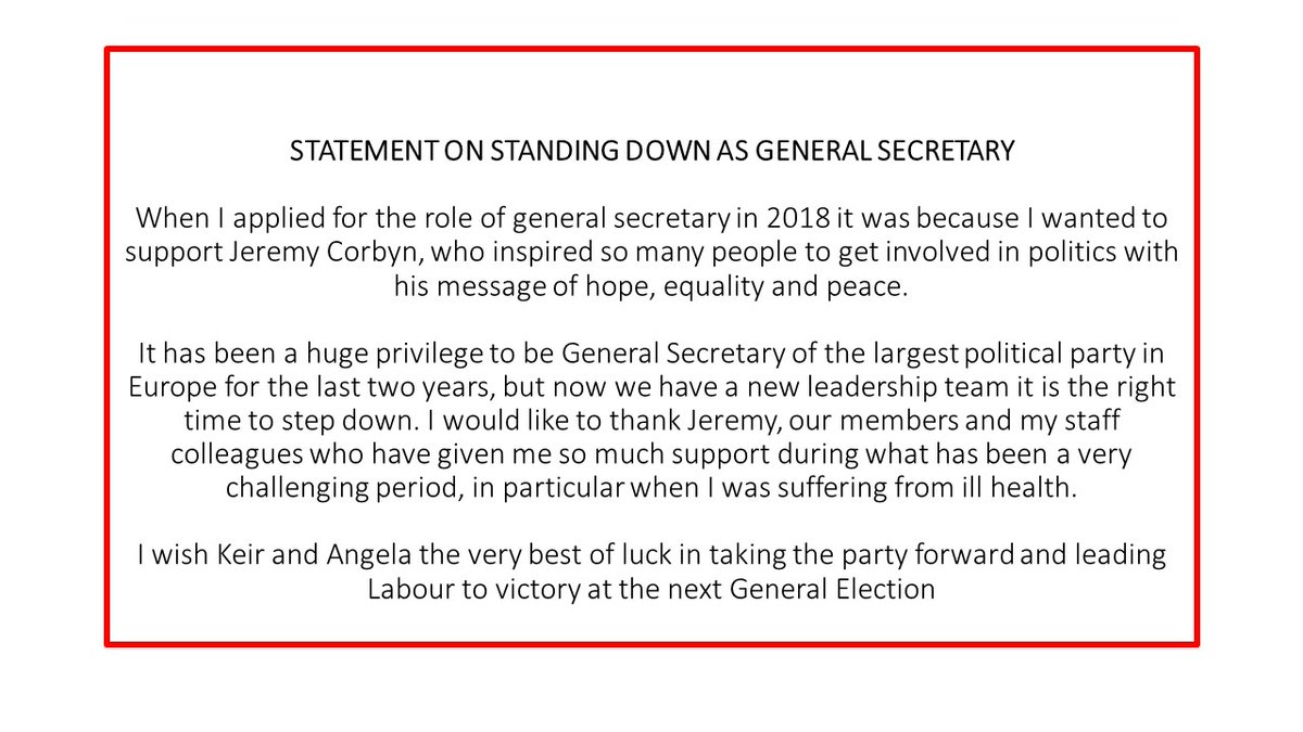 Jennieformby1's tweet image. My statement on standing down as General Secretary. Thank you to everyone who has given me such incredible support over the last two years and in particular to our members. You are the backbone of our movement and you make a huge difference with all that you do every day.