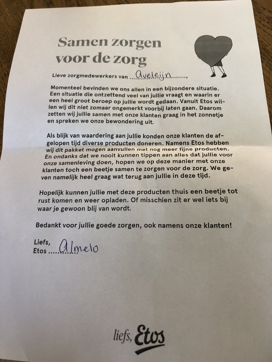 JterBeke's tweet photo. Leuke actie van @Etos Almelo/Rijssen. Presentje voor alle zorgmedewerkers van Kind, Jeugd &amp; Gezin clusters @aveleijn Almelo. Bedankt! https://t.co/TzcSa8hBbT
