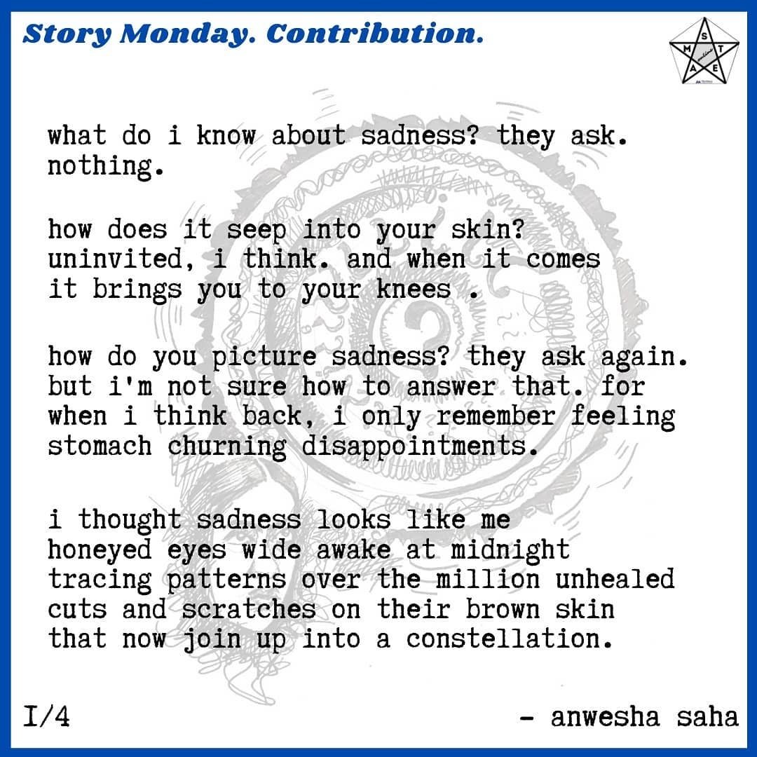 themakerscollab's tweet photo. Today in #StoryMonday, we have a contribution by Anwesha Saha who weaves together a beautiful piece on mental health awareness.
Let us know your views. Comment. Contribute! Check this👇
https://t.co/ujPBGio79V
#STEAMonline #StoryMonday
#Literature #Mentalhealth  #mentalwellbeing https://t.co/VpQoqWifOY