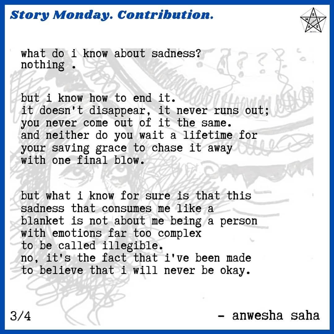 themakerscollab's tweet photo. Today in #StoryMonday, we have a contribution by Anwesha Saha who weaves together a beautiful piece on mental health awareness.
Let us know your views. Comment. Contribute! Check this👇
https://t.co/ujPBGio79V
#STEAMonline #StoryMonday
#Literature #Mentalhealth  #mentalwellbeing https://t.co/VpQoqWifOY