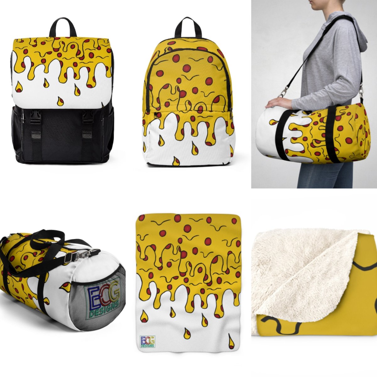 Our cheesy pizza design on backpacks, a blanket and a duffle bag!

#ecgdesigns #cheesy #pizza #cheesypizza #cheese #pepperoni #pepperonipizza #design #backpack #blanket #dufflebag #sherpablanket #fleece #sherpafleece #sherpafleeceblanket