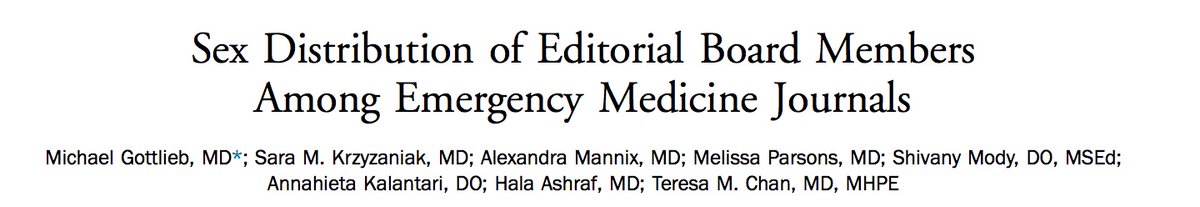 Lexie Mannix, MD (@almannixmd) on Twitter photo Another publication with this awesome team- <a href="/MGottliebMD/">Michael Gottlieb</a>, <a href="/SMKrzyz/">Sara Krzyzaniak</a>, <a href="/MEParsonsMD/">Melissa Parsons MD</a>, <a href="/akkalantari/">Annahieta Kalantari, DO, FACEP, FACOEP 🇺🇦</a>, <a href="/TChanMD/">Teresa Chan | 陳敏怡</a>, <a href="/ShivaniMody/">Shivani Mody</a>
"Sex Distribution of Editorial Board Members Among Emergency Medicine Journals"
bit.ly/GenderEBstudyEM Another publication with this awesome team- <a href="/MGottliebMD/">Michael Gottlieb</a>, <a href="/SMKrzyz/">Sara Krzyzaniak</a>, <a href="/MEParsonsMD/">Melissa Parsons MD</a>, <a href="/akkalantari/">Annahieta Kalantari, DO, FACEP, FACOEP 🇺🇦</a>, <a href="/TChanMD/">Teresa Chan | 陳敏怡</a>, <a href="/ShivaniMody/">Shivani Mody</a>
"Sex Distribution of Editorial Board Members Among Emergency Medicine Journals"
bit.ly/GenderEBstudyEM