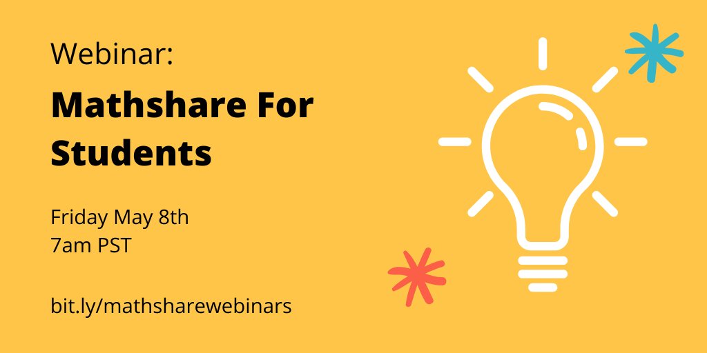 Mathshare's tweet image. Mathshare for Students webinar
Friday May 8th at 7am PST

Register: docs.google.com/forms/d/e/1FAI…
