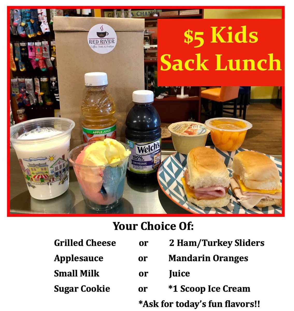 RedRiverCoffee's tweet photo. We have a NEW Kid's Sack Lunch!! Also, did you know that our Drive Thru is walker and bike friendly? Just ring the bell at the window! Where else can you get SUPERMAN or UNICORN Ice Cream for lunch?? 🌞🍨#SOmuchMOREthanCoffee https://t.co/olYGnrCRoq