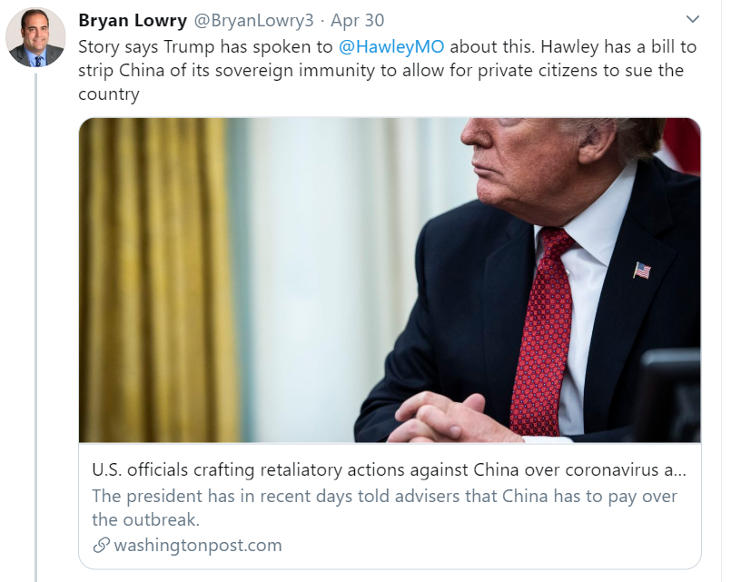 OR .. they can seek reparations from China?Just like a few other countries are already doing, no?In fact, they are already in the process of doing so, by the way of lawsuits already filed in US courts or in the process of being filed!