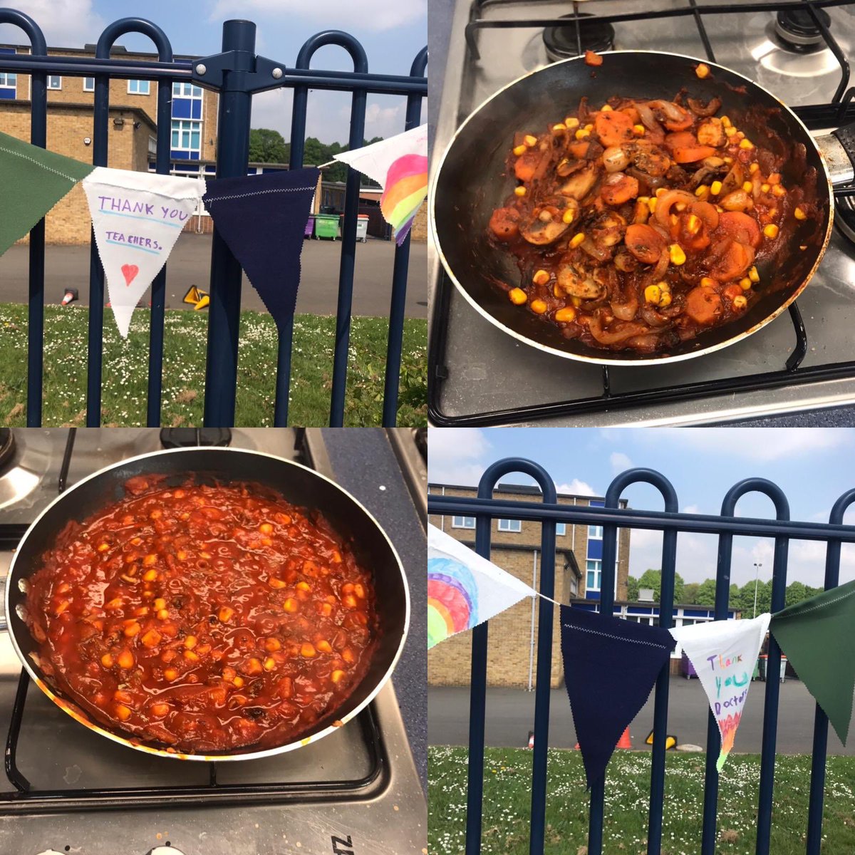 Another busy Monday.... pupils made veg pasta sauce for their lunch, then bunting to decorate school railings